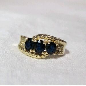 Vintage 14K Gold Midnight Blue Sapphire  Trilogy Ring 3 Stone Navy Sapphire 6.5
